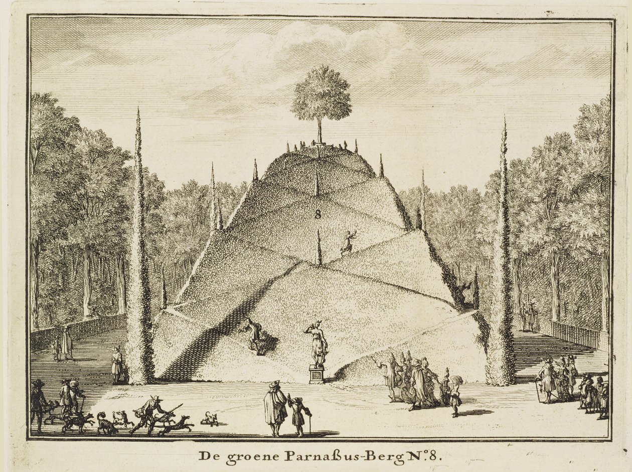 Sztuczna góra Parnas, rytowana przez Johannesa Van den Aveele (zm.1727) autorstwa Nicolaes Jansz Visscher