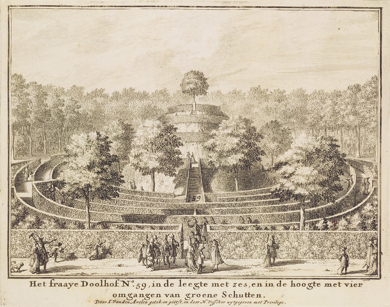 Labirynt topiary z czterema wyjściami i centralnym kopcem, wyryty przez Johannesa Van den Aveele (zm.1727) autorstwa Nicolaes Jansz Visscher