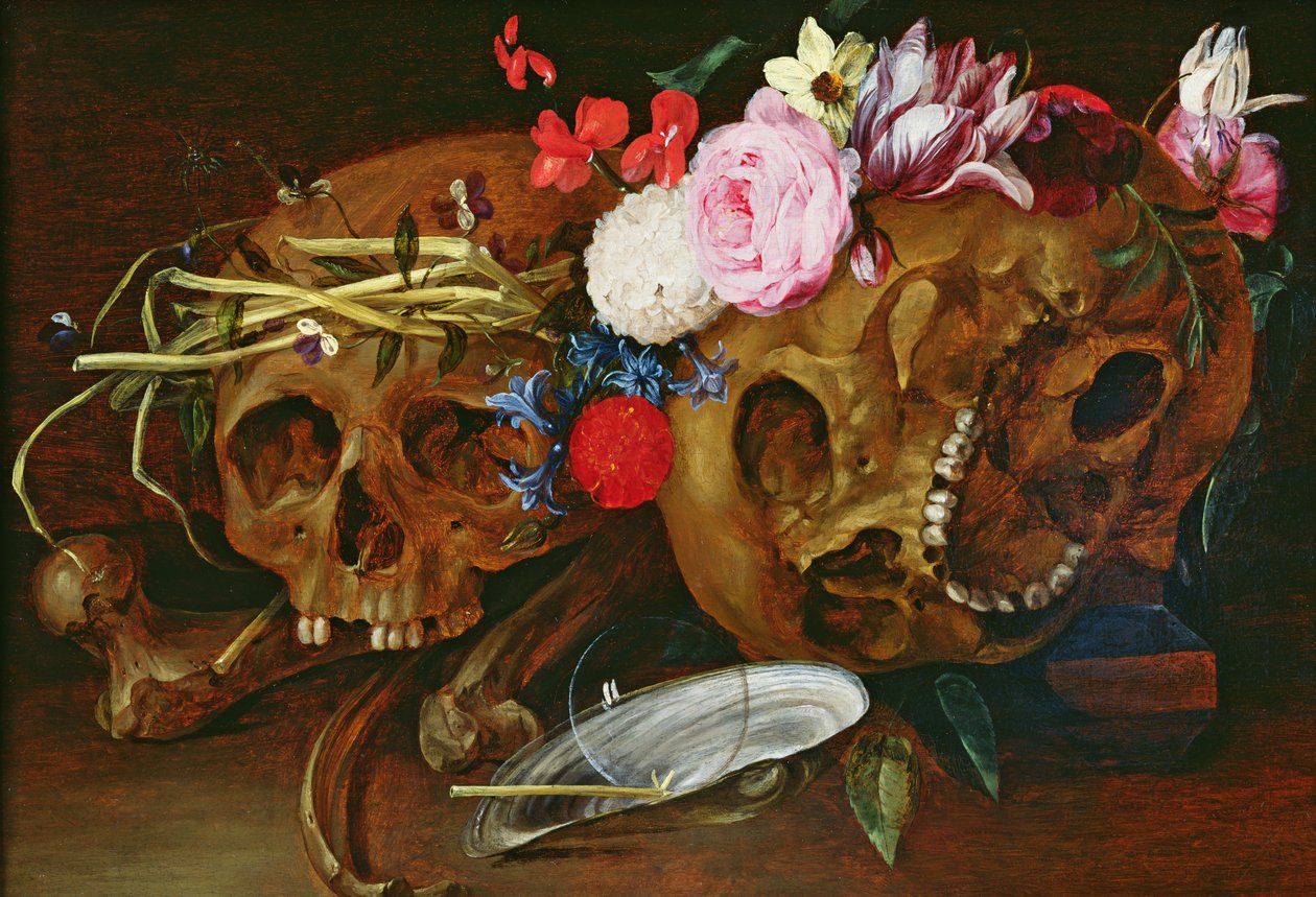 Martwa natura Vanitas z czaszkami, kwiatami, muszlą perłową, bańką i słomką autorstwa Nicolaes van Veerendael