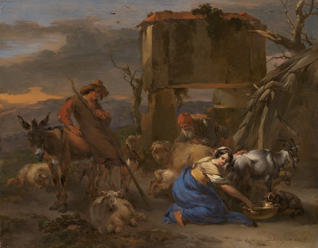 Scena pasterska z pasterką dojącą kozę autorstwa Nicolaes Berchem