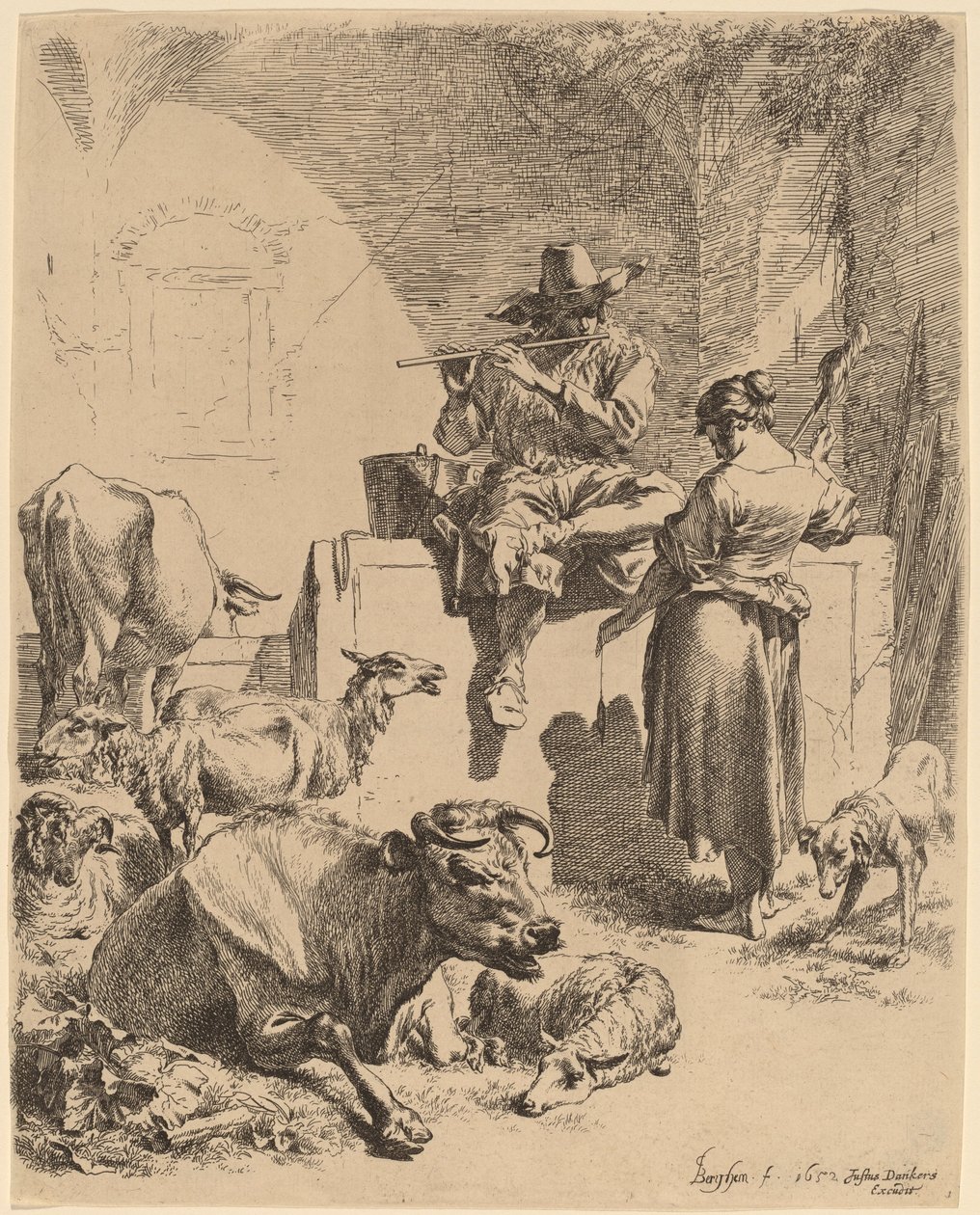 Pasterz siedzący na fontannie i prządce, 1652. autorstwa Nicolaes Berchem