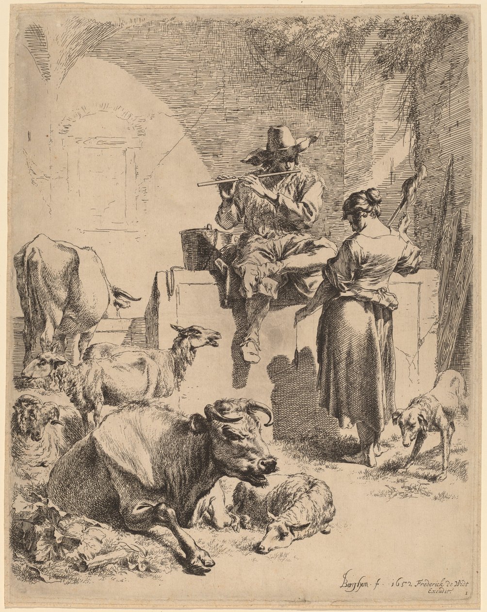 Pasterz siedzący na fontannie i prządce, 1652. autorstwa Nicolaes Berchem