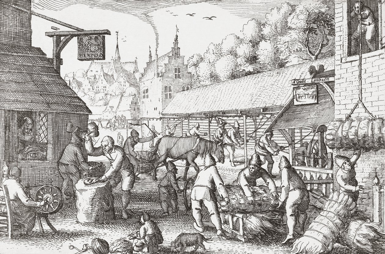 XVII-wieczni holenderscy wieśniacy robiący liny autorstwa Nicolaes Jansz Visscher