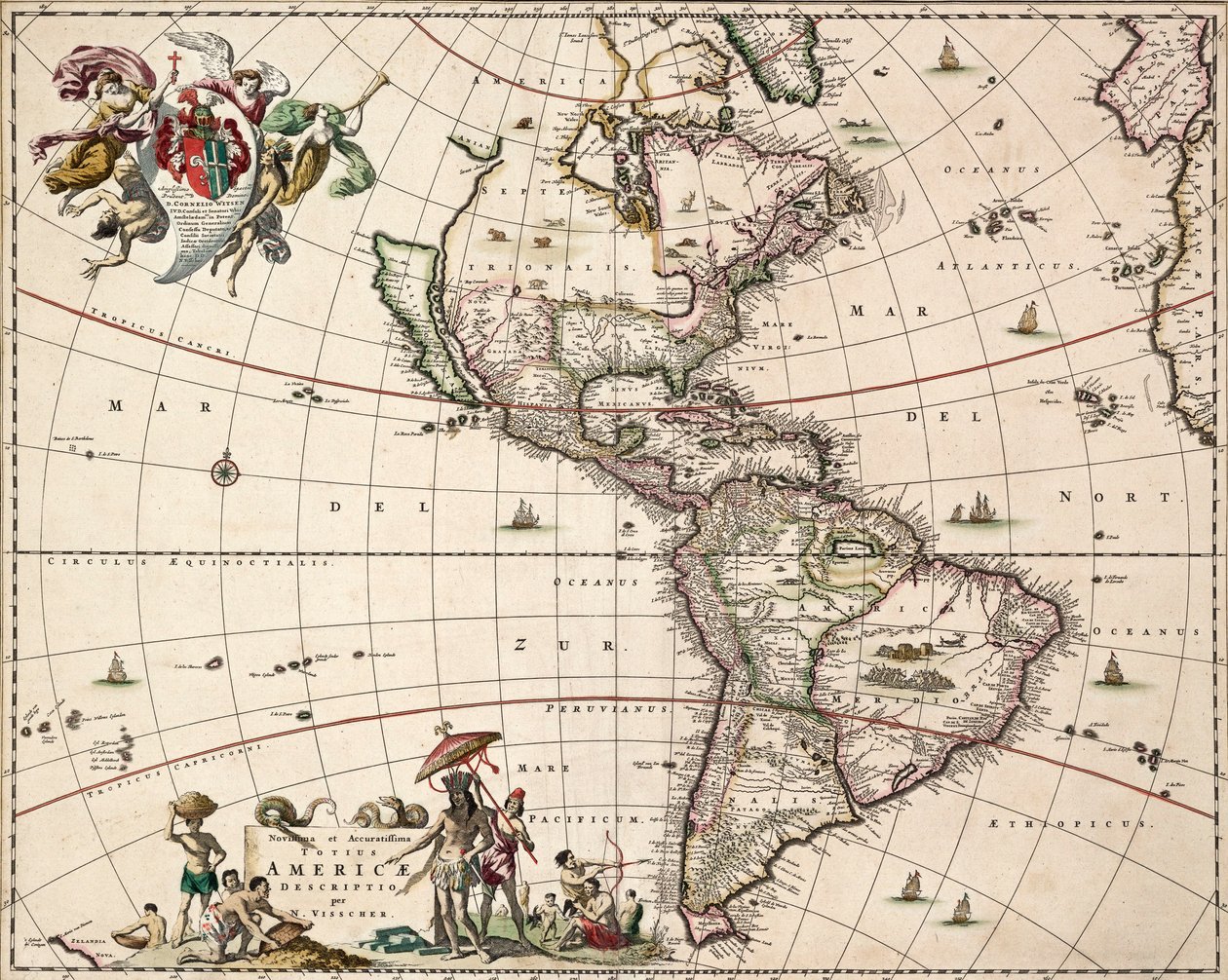 Mapa obu Ameryk, ok. 1671 r. (kolorowa rycina) autorstwa Nicolaes Jansz (1586 1652) Visscher