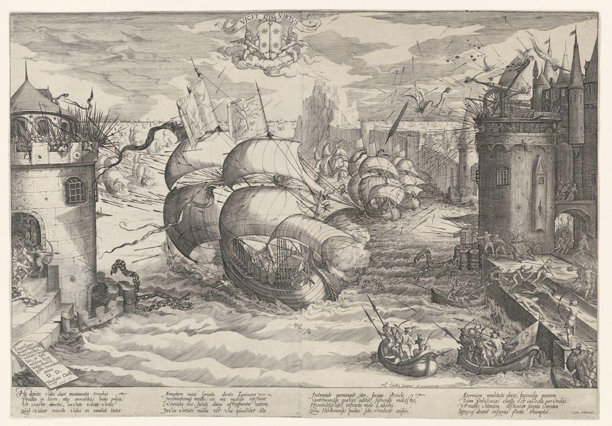 Zdobycie Damiate i pokonanie łańcucha, 1219 autorstwa Nicolaes Jansz. Clock