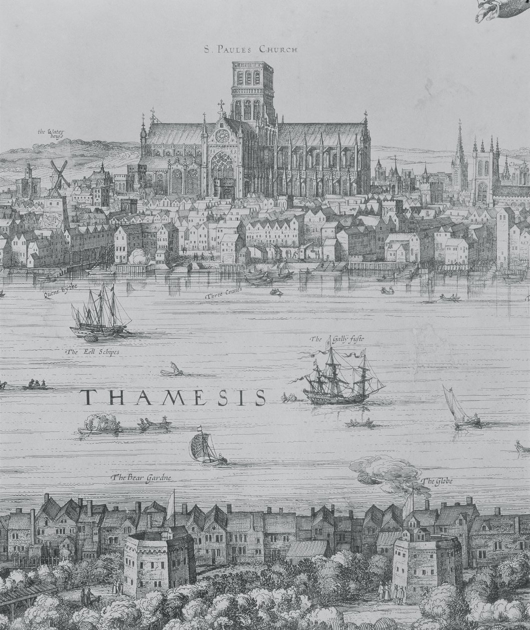 Panorama Londynu i Tamizy, fragment drugiej części przedstawiający katedrę św. Pawła i teatr Globe, ok. 1600 detal grawerowania 7214 autorstwa Nicolaes Jansz Visscher