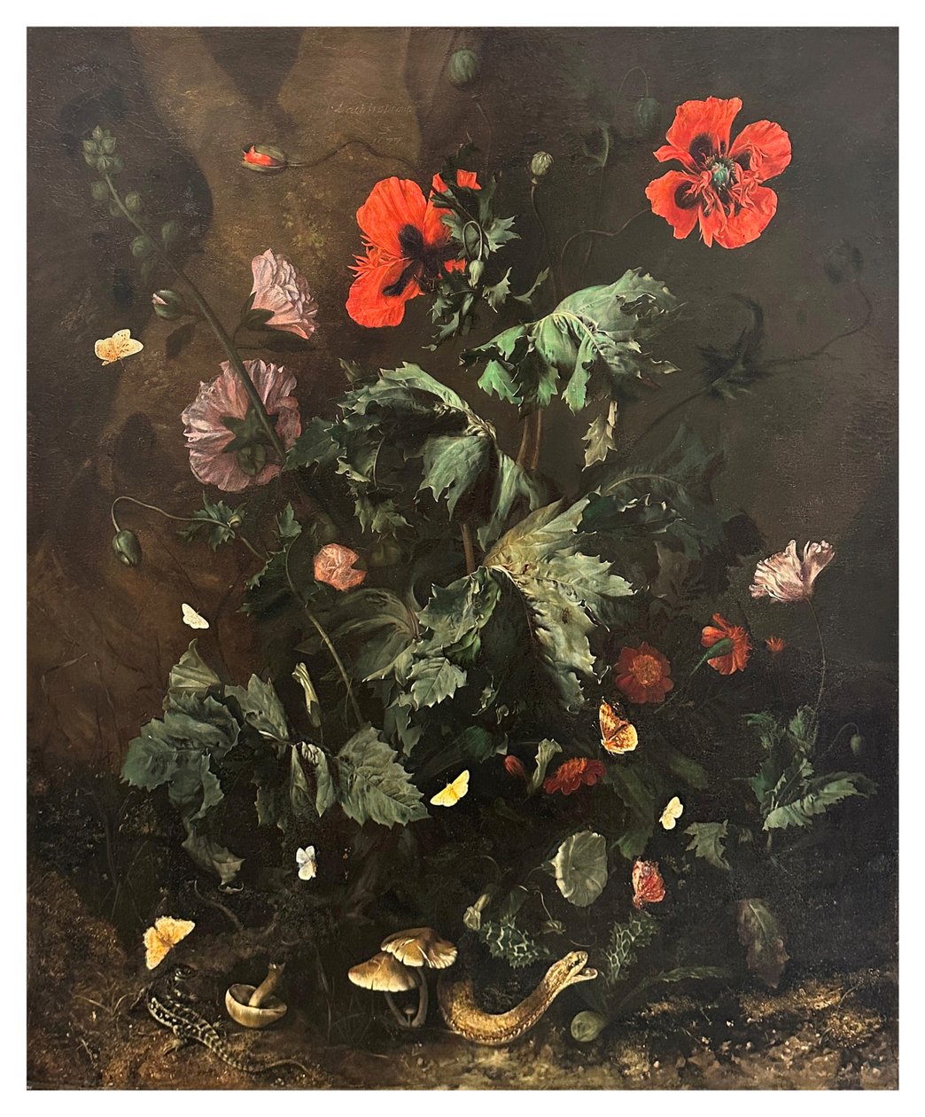 Drzewo leśne z kwiatami, motylami i gadami, ok. 1656-1700 (olej na płótnie) autorstwa Nicolaes Lachtropius
