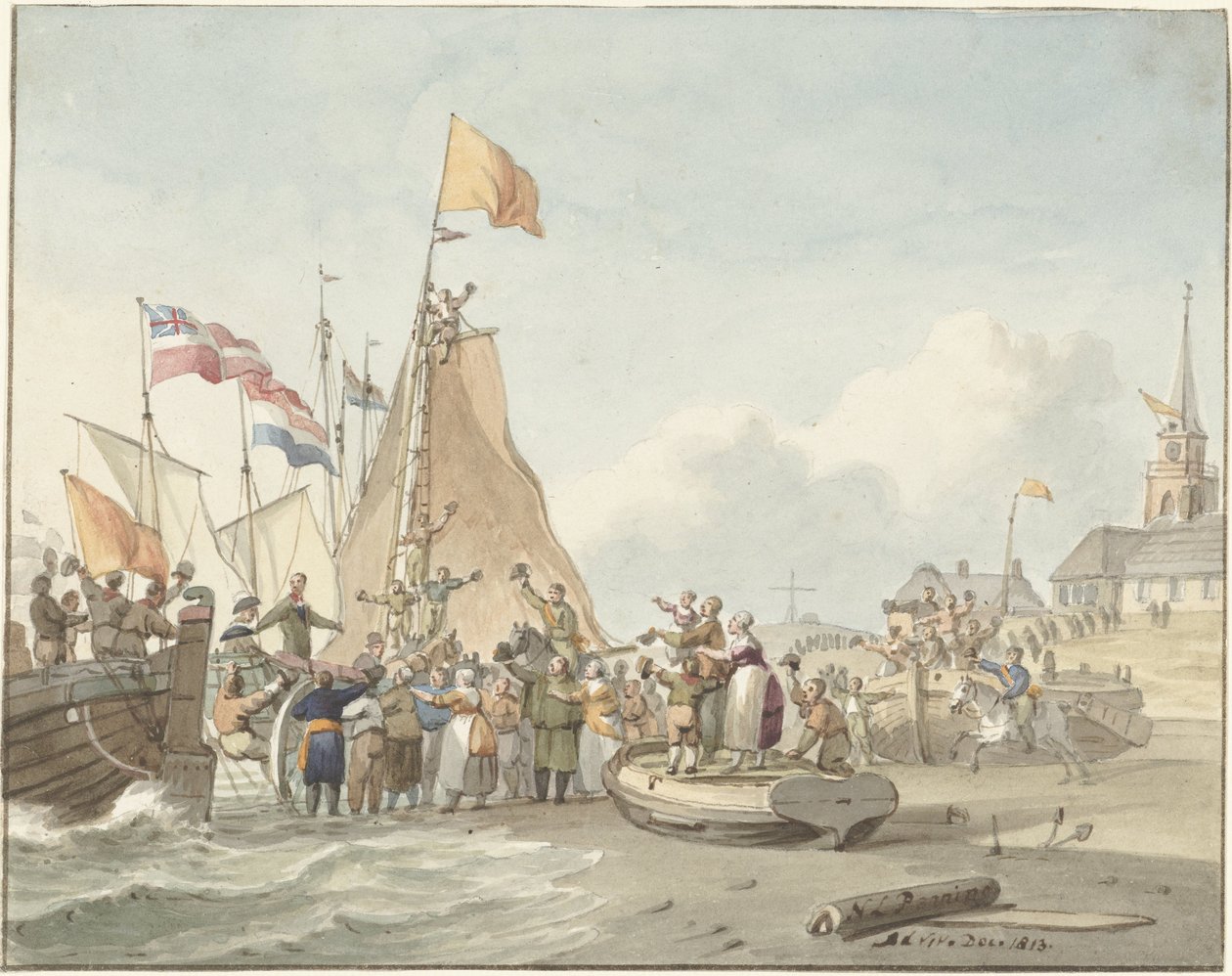 Przybycie księcia Willema Frederika do Scheveningen, 30 listopada 1813 r. autorstwa Nicolaes Lodewick Penning (signed by artist)