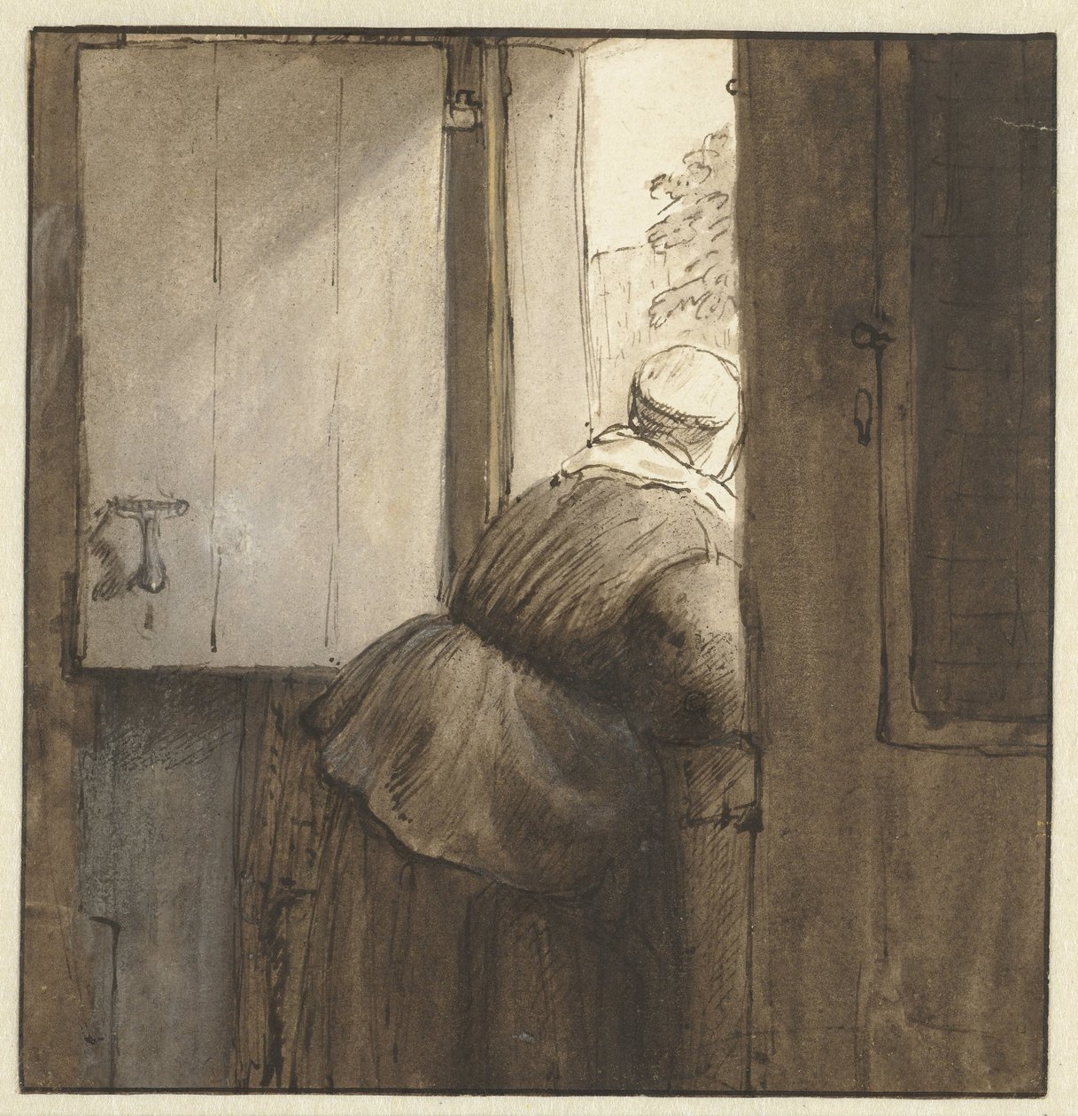 Kobieta pochyliła się pod drzwiami autorstwa Nicolaes Maes (possibly)