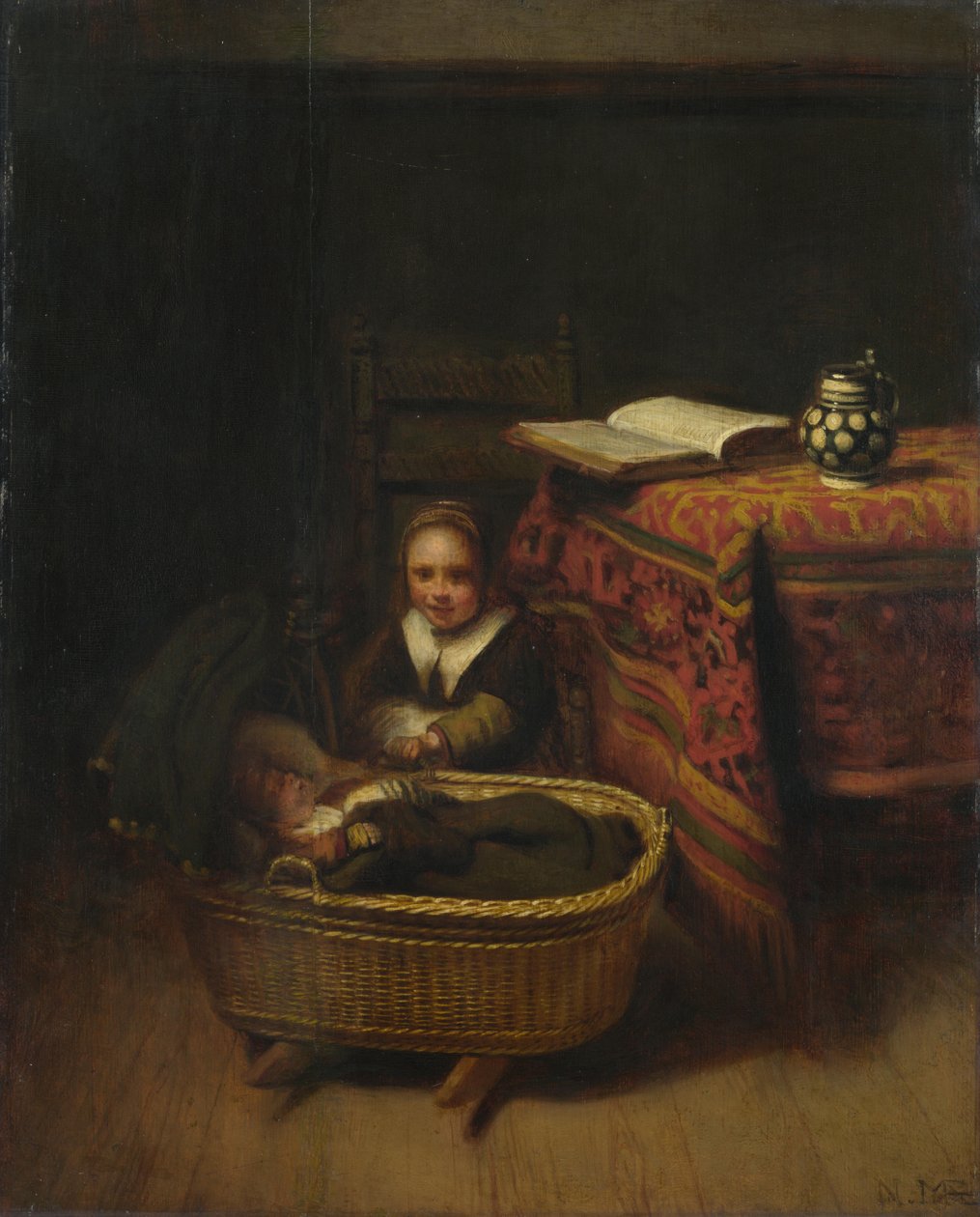 Mała dziewczynka kołysząca kołyskę, ok. 1930 r. 1655 autorstwa Nicolaes Maes