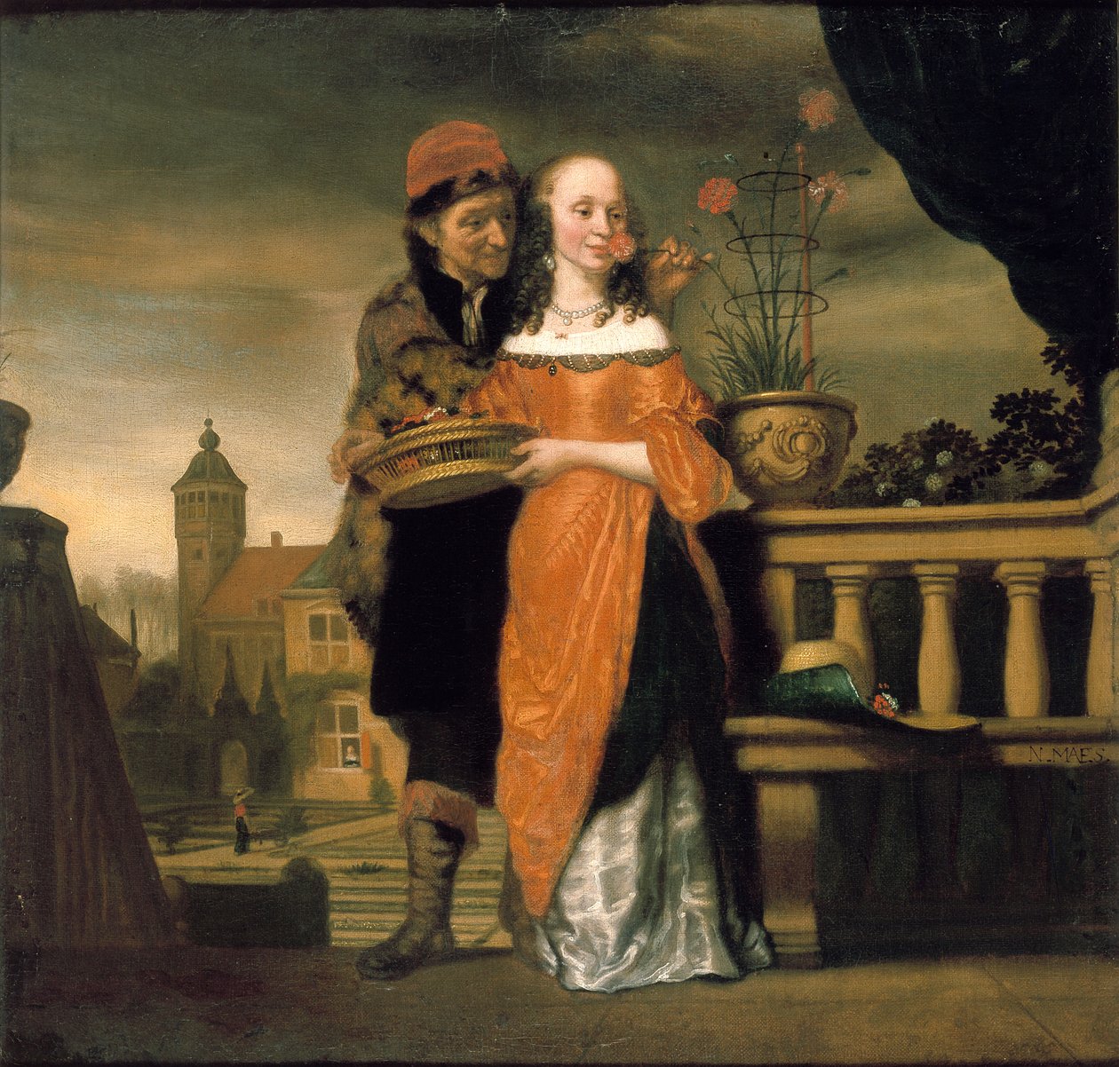 Mężczyzna trzymający goździk przy kobiecym nosie: alegoria zmysłu węchu, przed 1660 autorstwa Nicolaes Maes