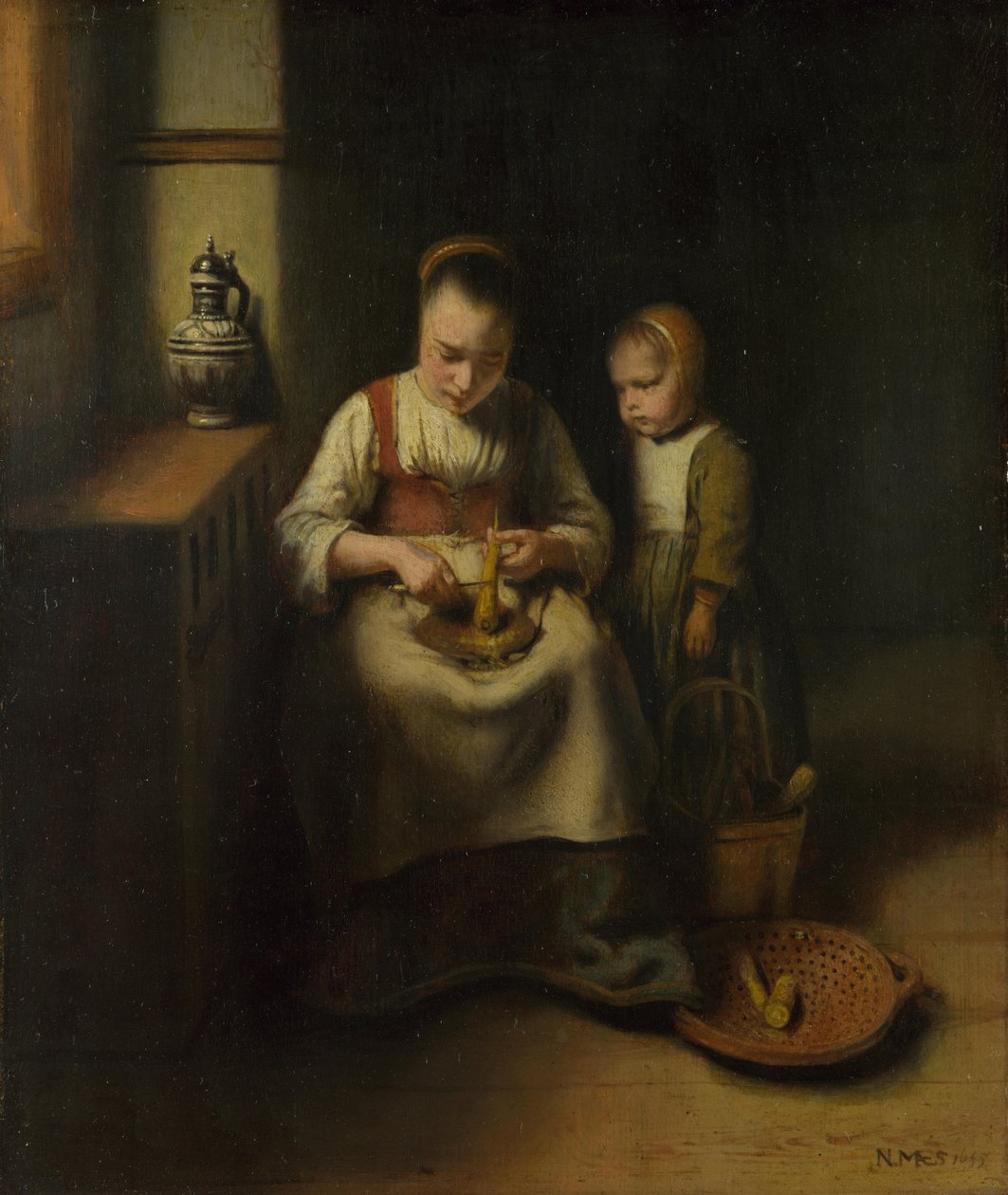 Kobieta zeskrobująca pasternak, obok niej stoi Dziecko, 1655 autorstwa Nicolaes Maes