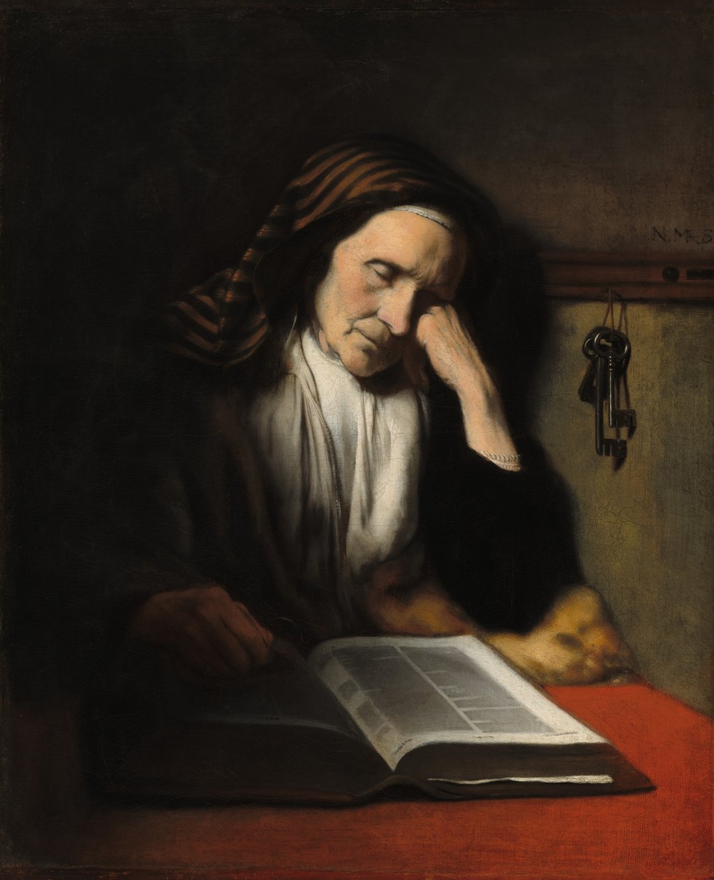 Stara kobieta drzemiąca nad książką, c. 1655. autorstwa Nicolaes Maes