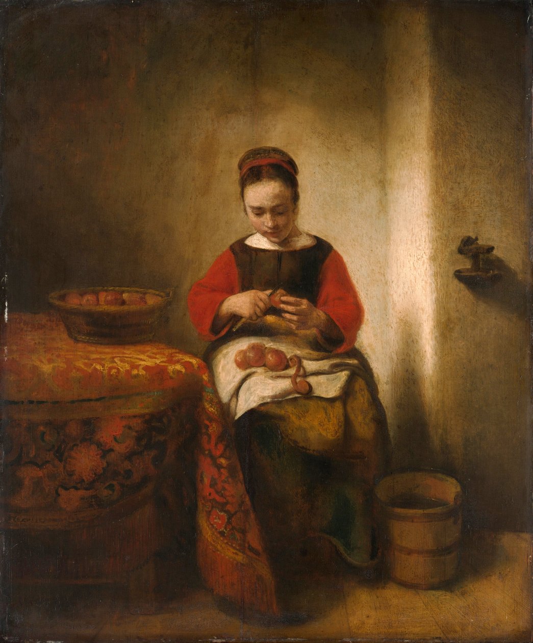 Skórka jabłka, ok. 1655 (olej na drewnie) autorstwa Nicolaes Maes