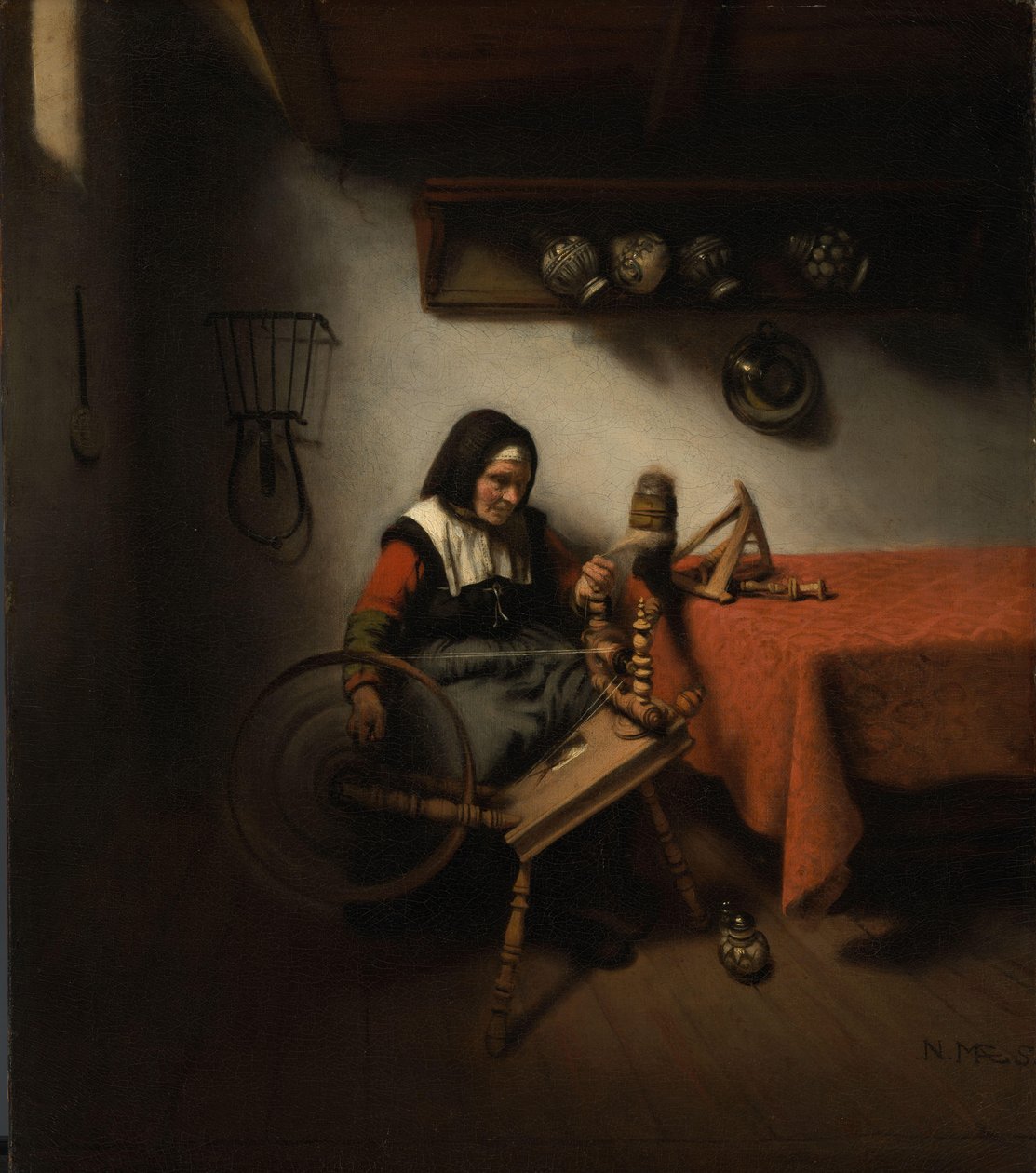 Stara kobieta kręci się autorstwa Nicolaes Maes