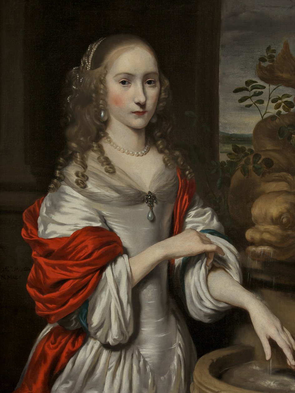 Portret młodej dziewczyny stojącej w pobliżu fontanny autorstwa Nicolaes Maes