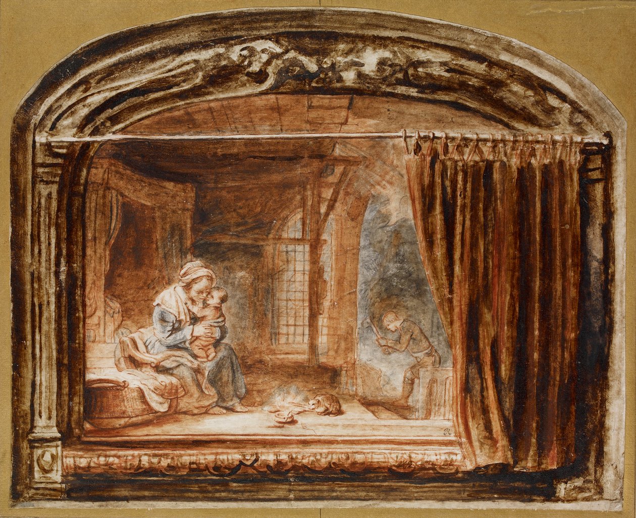 Święta Rodzina z Józefem ścinającym drewno, połowa XVII w. autorstwa Nicolaes Maes