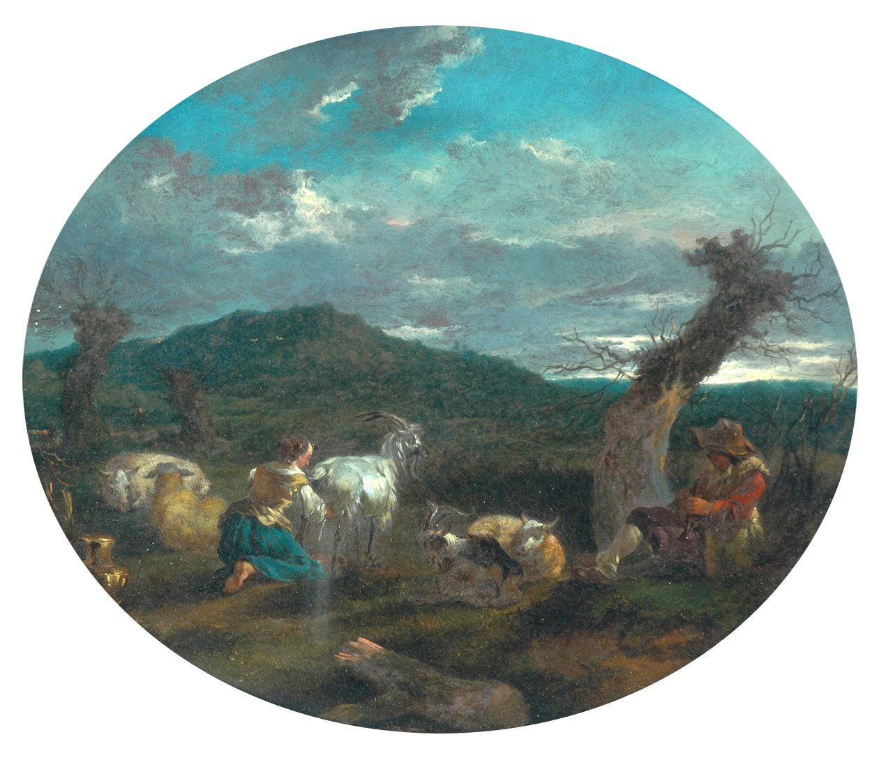 Scena pasterska (olej na desce) autorstwa Nicolaes Pietersz (attr.to) Berchem