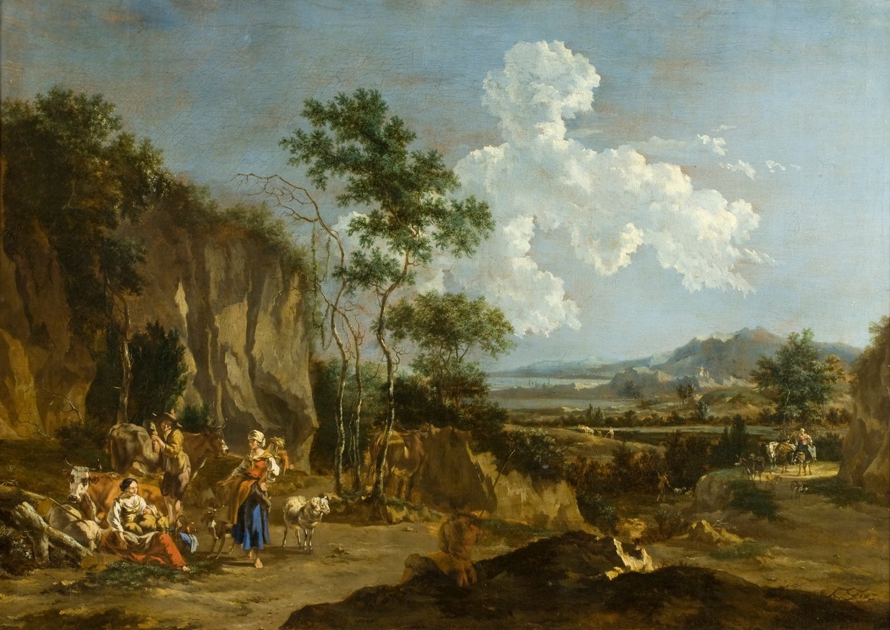 Włoski krajobraz (lub obiad dla robotników) autorstwa Nicolaes Pietersz (follower of) Berchem