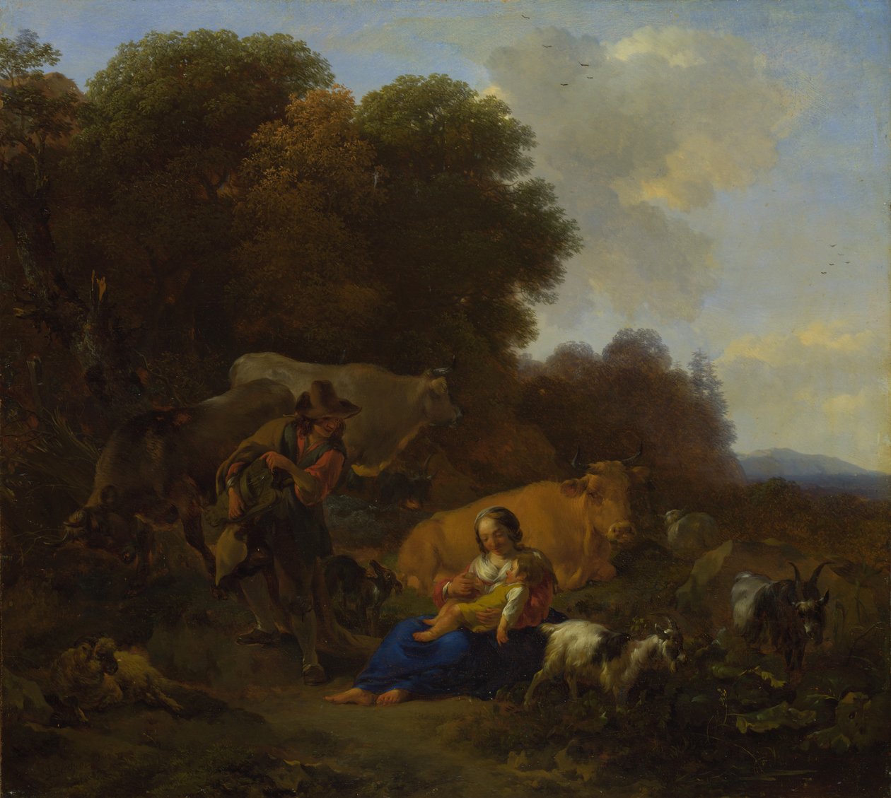 Chłop grający lirę korbową kobiecie i dziecku, 1658 r autorstwa Nicolaes Pietersz. Berchem