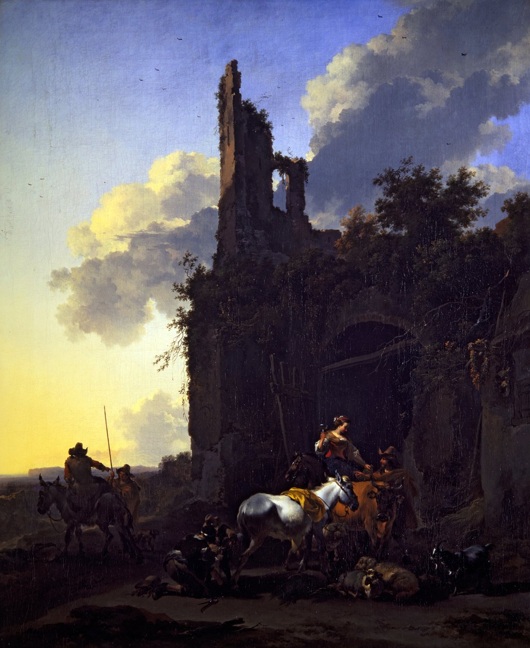 Włoski pejzaż z chłopami przed karczmą autorstwa Nicolaes Pietersz. Berchem