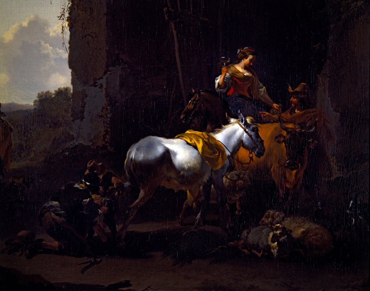 Włoski pejzaż z chłopami przed karczmą autorstwa Nicolaes Pietersz. Berchem