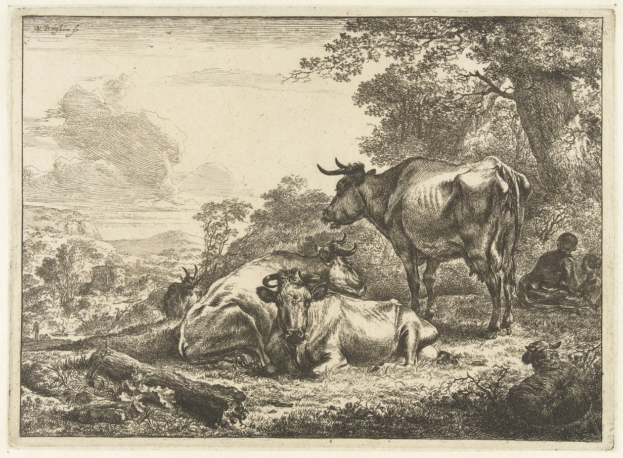 Trzy odpoczywające krowy autorstwa Nicolaes Pietersz Berchem
