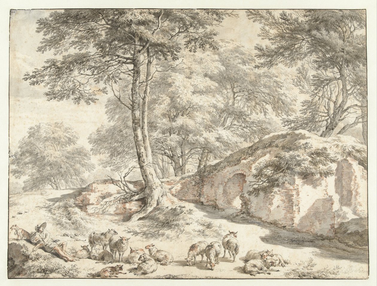 Pasterz z owcami w ruinie między drzewami autorstwa Nicolaes Pietersz Berchem