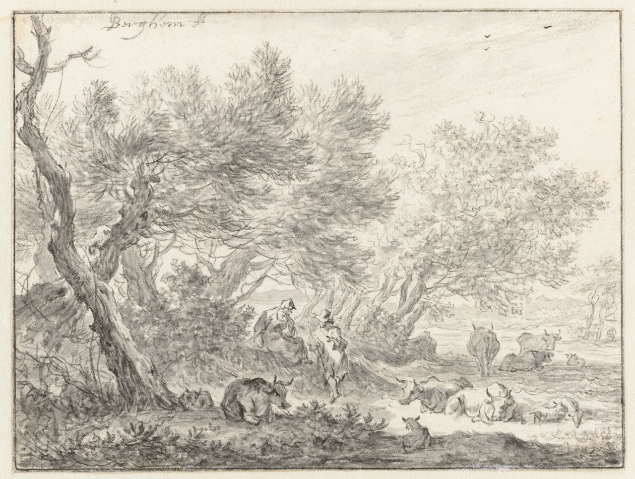Pasterze i bydło w pobliżu grupy drzew autorstwa Nicolaes Pietersz Berchem