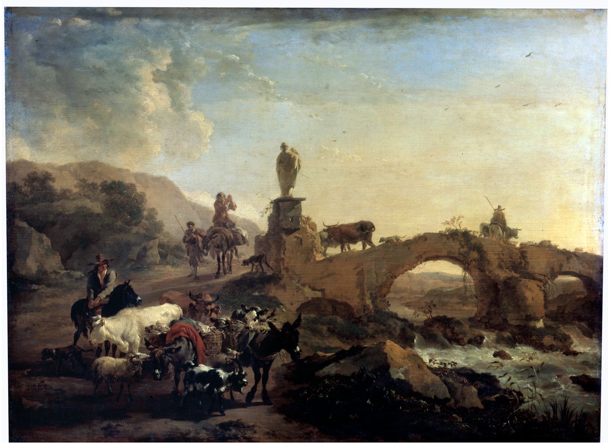 Włoski krajobraz z Małym Mostem, 1656 autorstwa Nicolaes Pietersz. Berchem