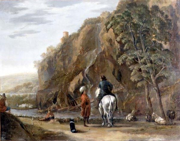 Włoski krajobraz z postaciami i koniem na drodze autorstwa Nicolaes Pietersz. Berchem