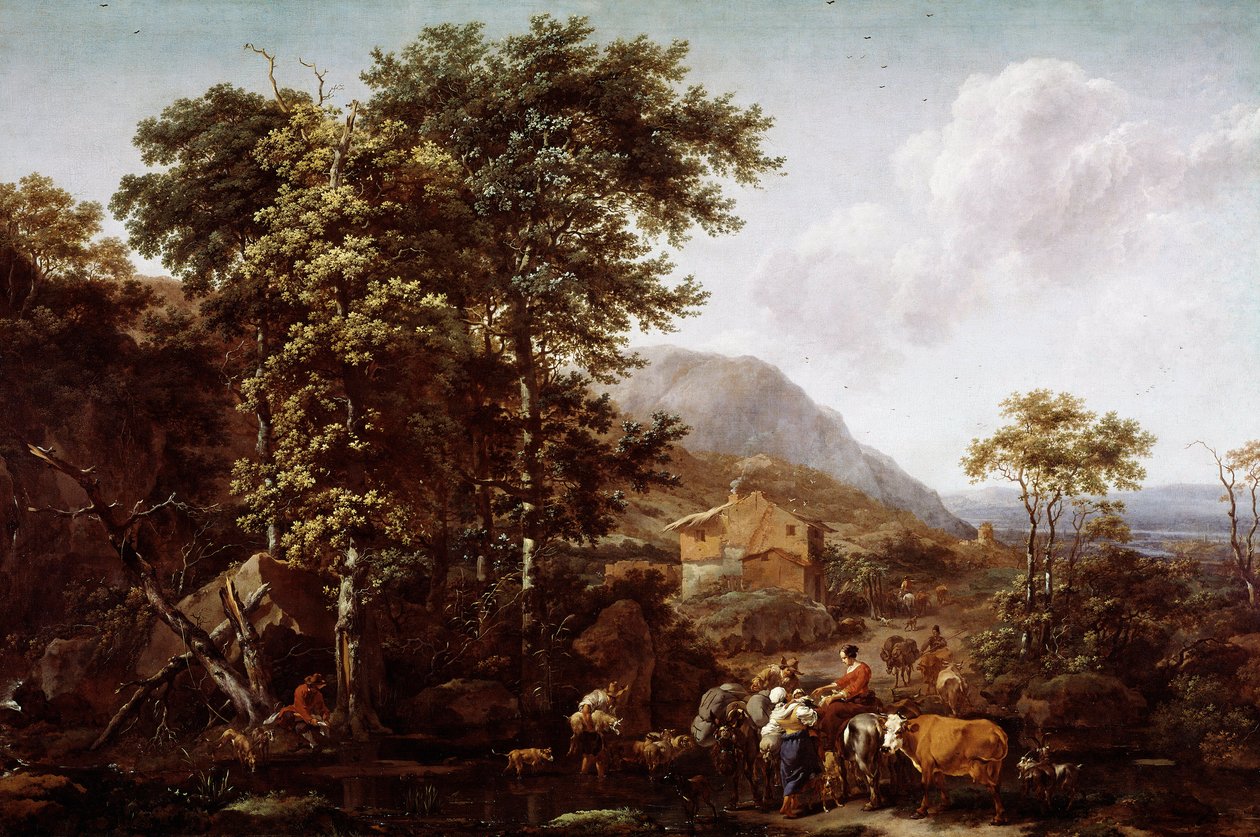 Krajobraz i zwierzęta. Obraz Nicolaesa Berchema (1620-1683), holenderskiego malarza autorstwa Nicolaes Pietersz. Berchem