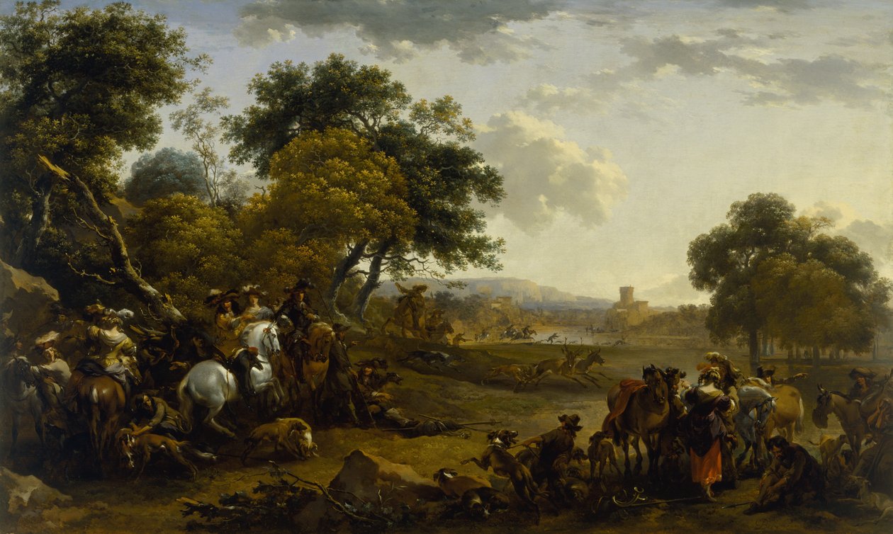 Krajobraz z myśliwymi autorstwa Nicolaes Pietersz. Berchem