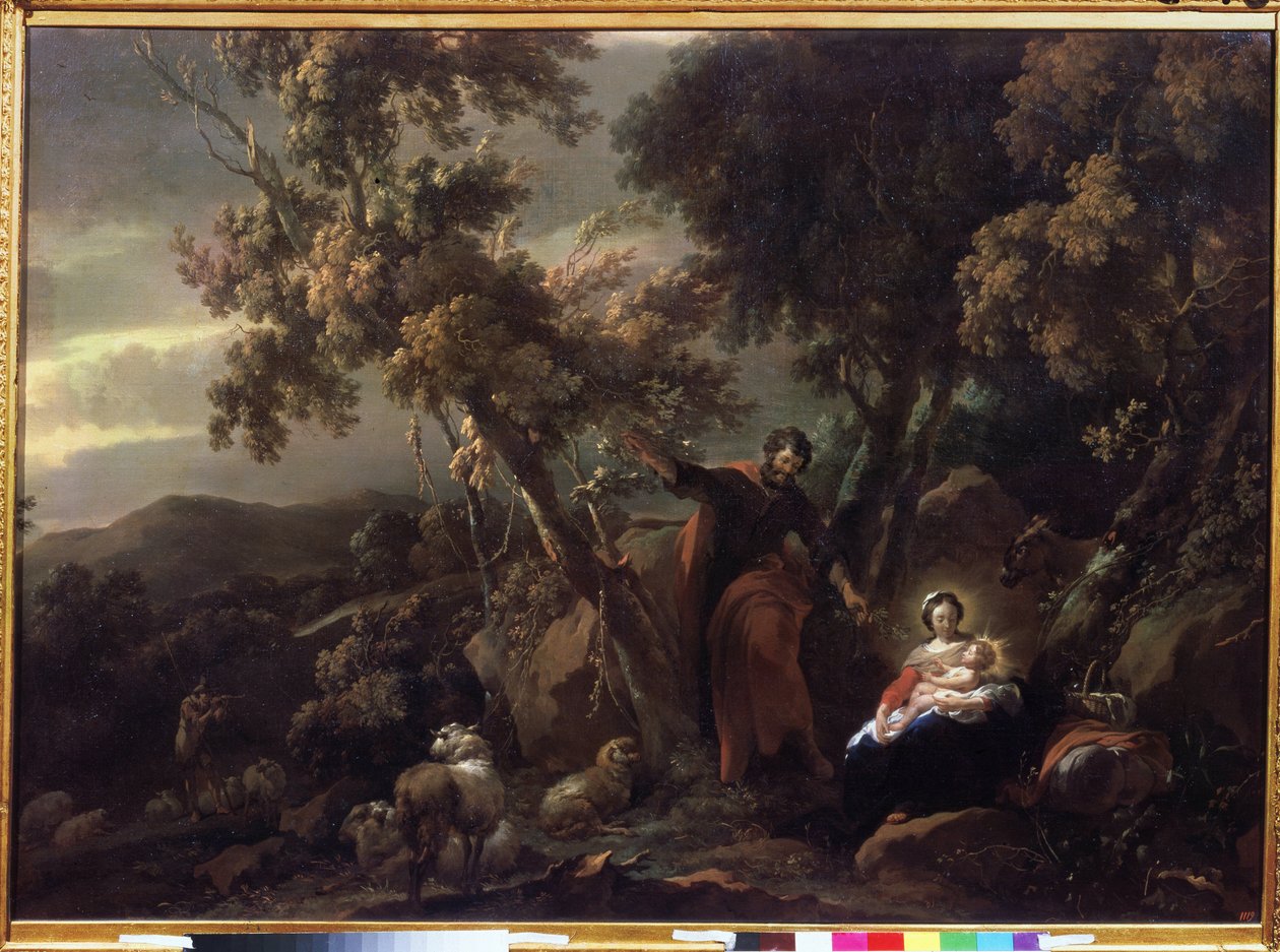 „Odpoczynek w ucieczce do Egiptu” (Odpoczynek w ucieczce do Egiptu) Obraz Nicolaesa Pietersza Berchem (lub Berghem) (1620-1683) XVII-wieczne Muzeum Puszkina Moskwa autorstwa Nicolaes Pietersz. Berchem