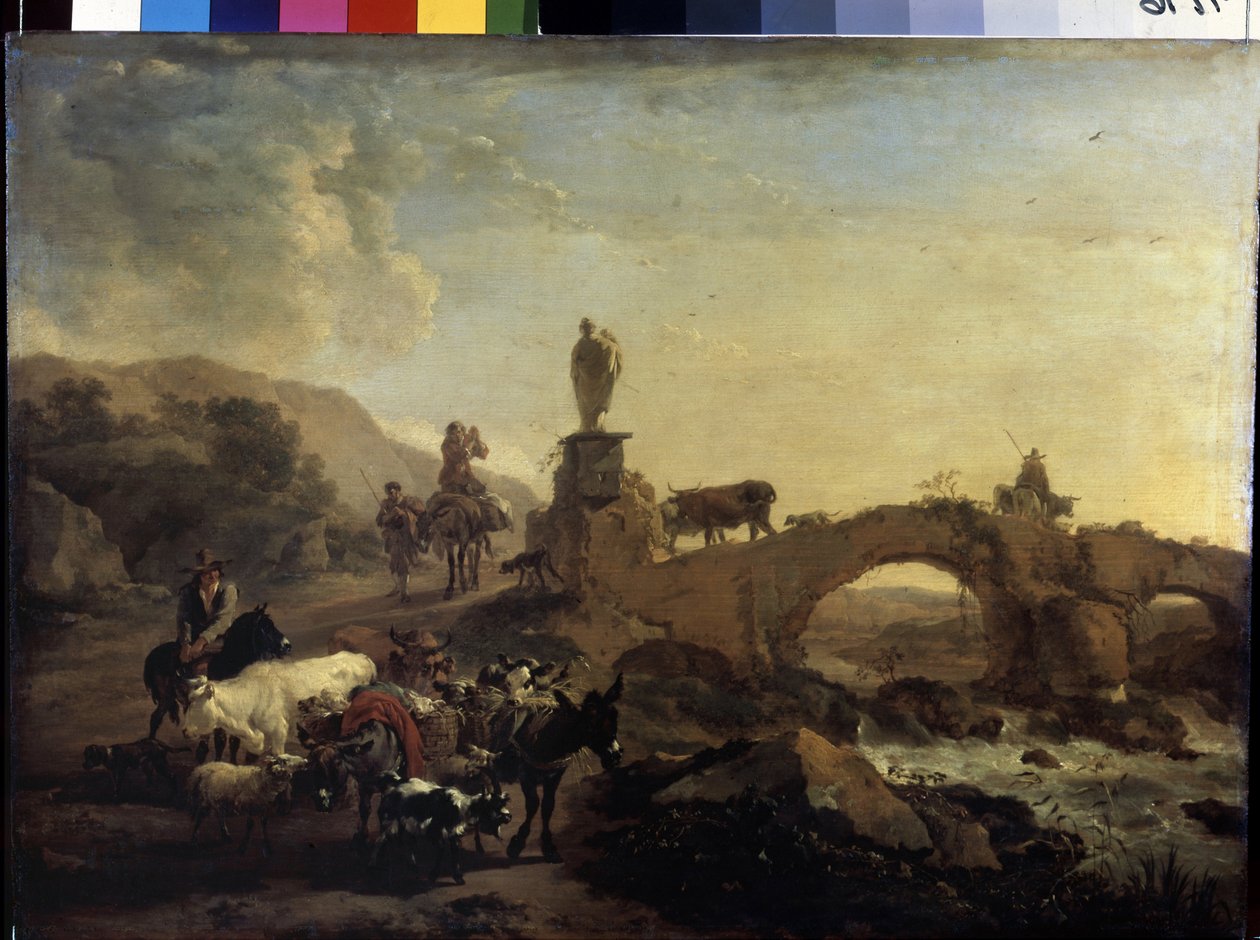 "Włoski pejzaż z małym mostem" Obraz Nicolaes (Claes) Pietersz Berchem Starszy (1620-1683) 1656 Wymiary 44,5x61 cm Ermitaż, Sankt Petersburg autorstwa Nicolaes Pietersz. Berchem