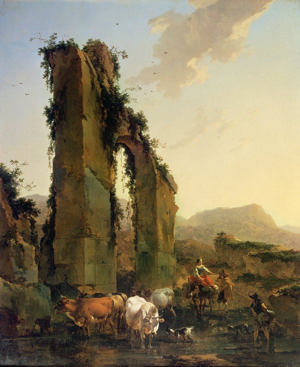 Chłopi z bydłem przy zrujnowanym akwedukcie, ok. 1655-60 (olej na płótnie) autorstwa Nicolaes Pietersz. Berchem