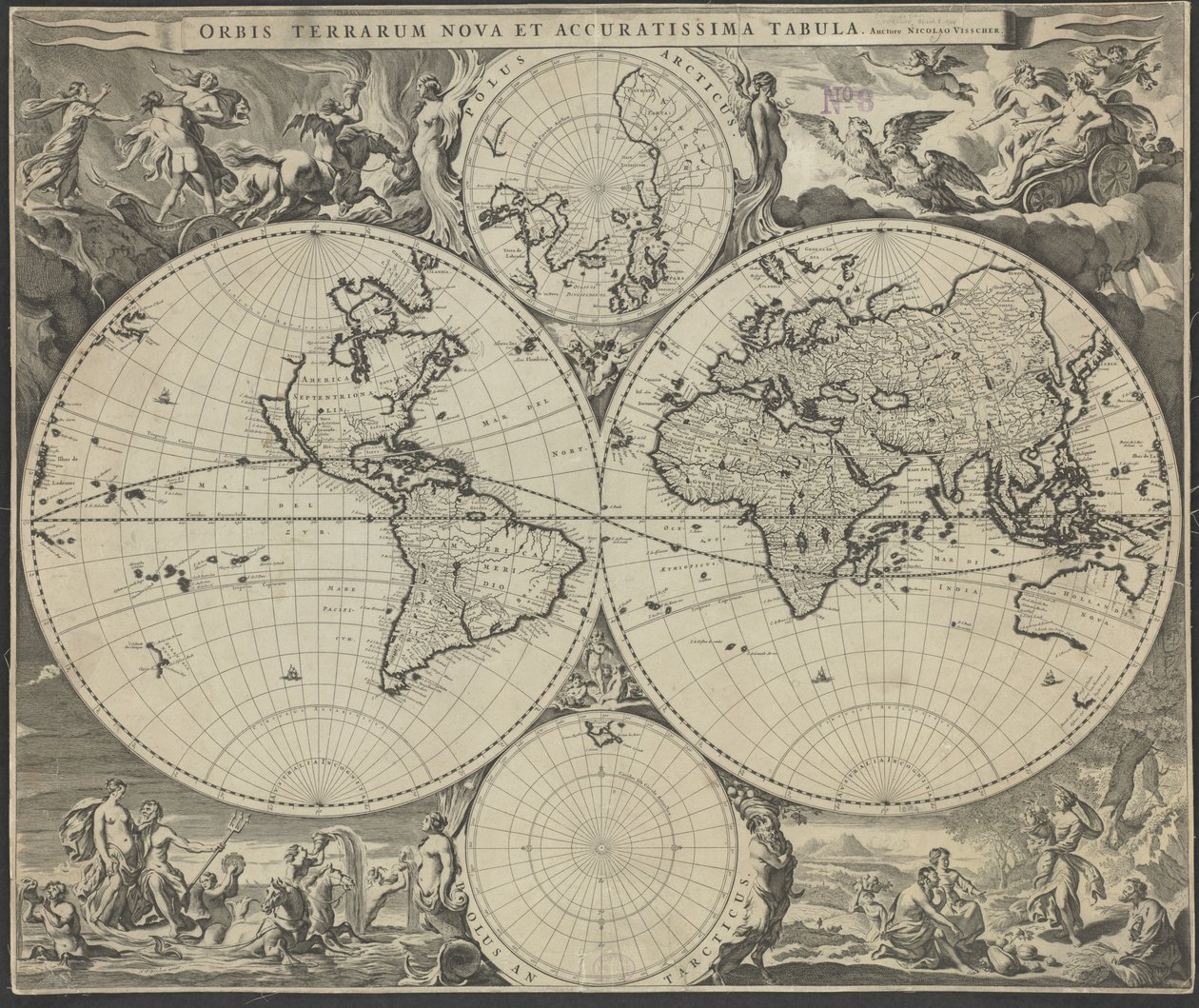 Nowa i najdokładniejsza mapa świata, ok. 1690 autorstwa Nicolaes Visscher