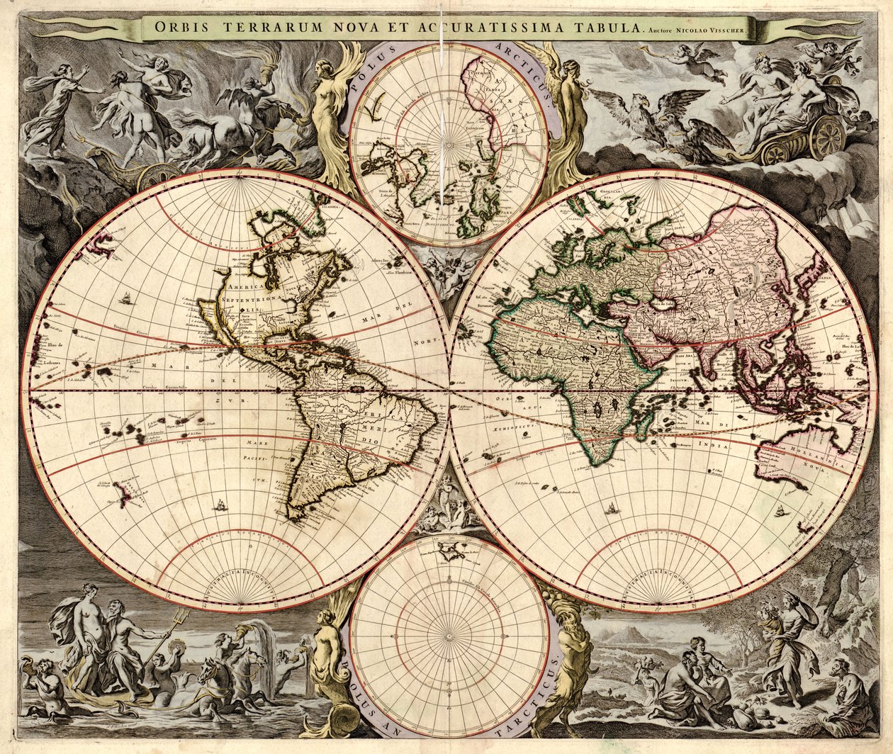 Nowa i najdokładniejsza mapa świata, ok. 1690 autorstwa Nicolaes Visscher