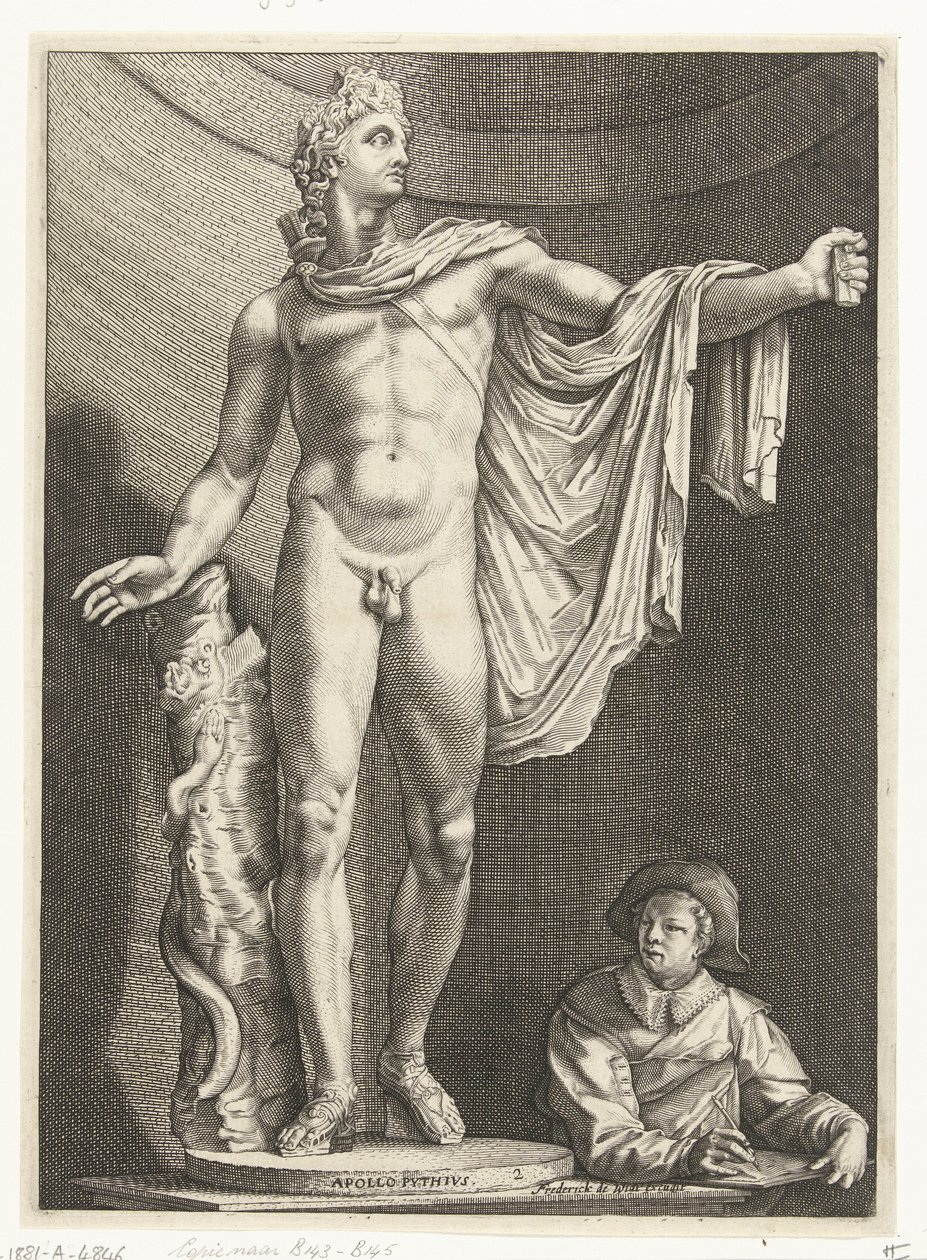 Apollo Belvedere Apollo Pythivs (tytuł na obiekcie) Trzy antyczne posągi w Rzymie po Goltzius (tytuł serii) autorstwa Nicolaes de Bruyn