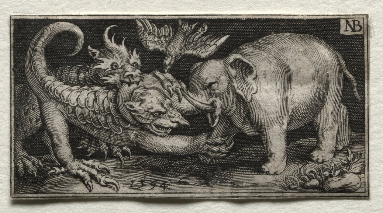 Słoń walczący z dwiema bestiami autorstwa Nicolaes de Bruyn