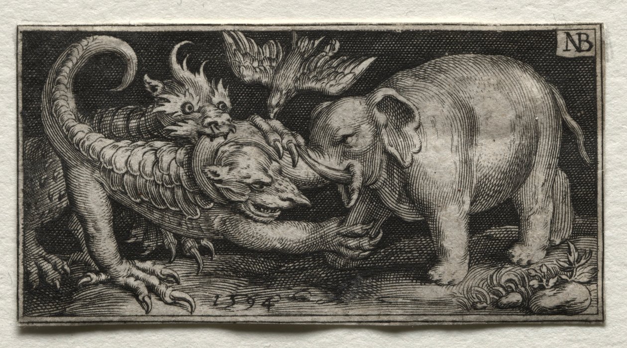 Słoń walczący z dwiema bestiami, 1594. autorstwa Nicolaes de Bruyn