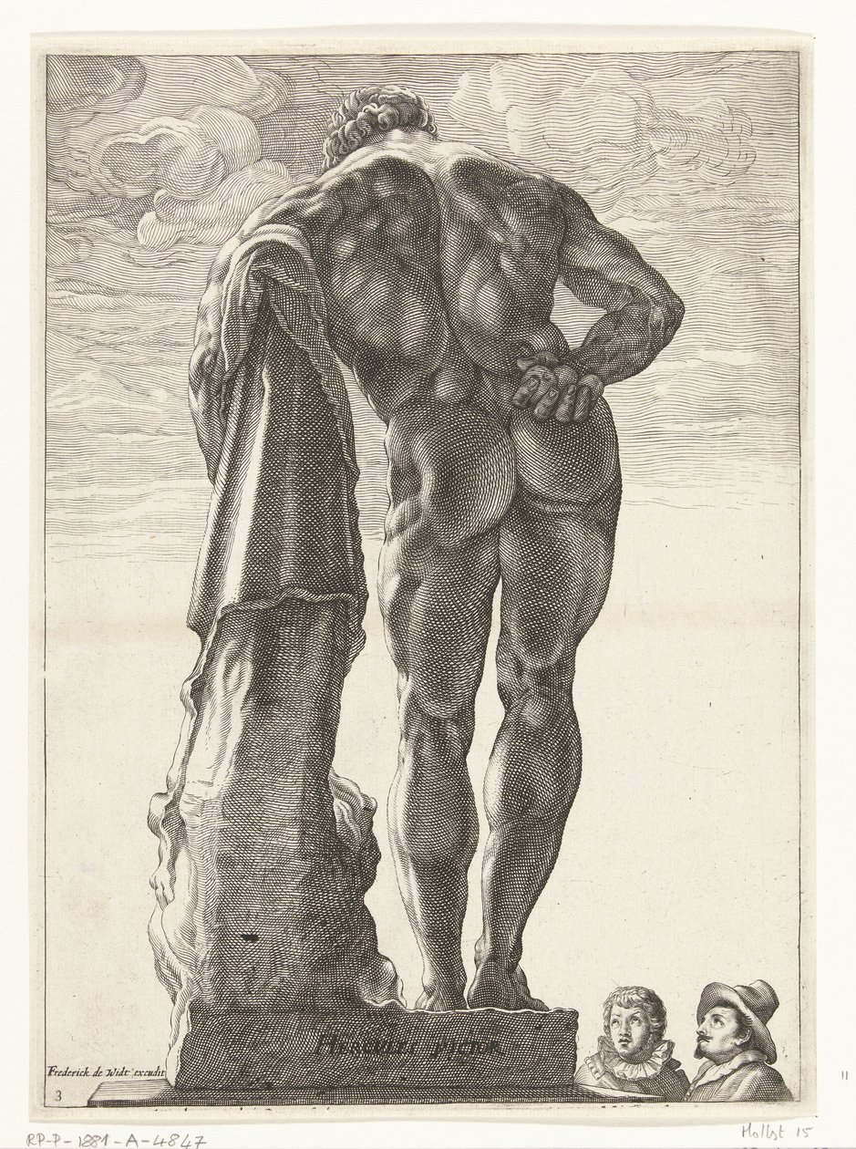 Herkules Farnese Hercules Victor (tytuł na obiekcie) Trzy antyczne posągi w Rzymie po Goltzius (tytuł serii) autorstwa Nicolaes de Bruyn