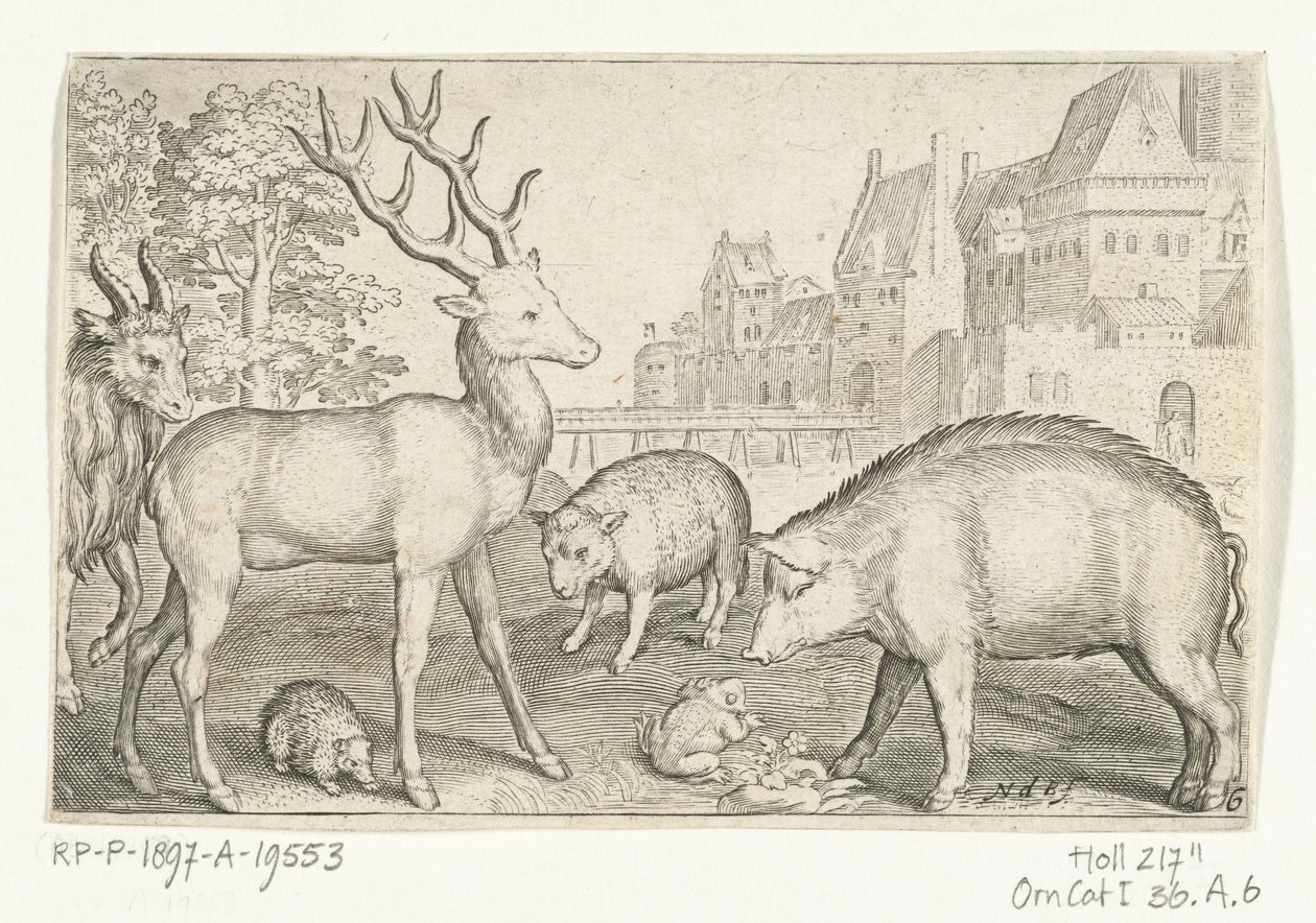 Jeleń, jeż, owca, żaba i świnia Animalivm qvadrvpedvm (tytuł serii) Zwierzęta w krajobrazach (tytuł serii) autorstwa Nicolaes de Bruyn