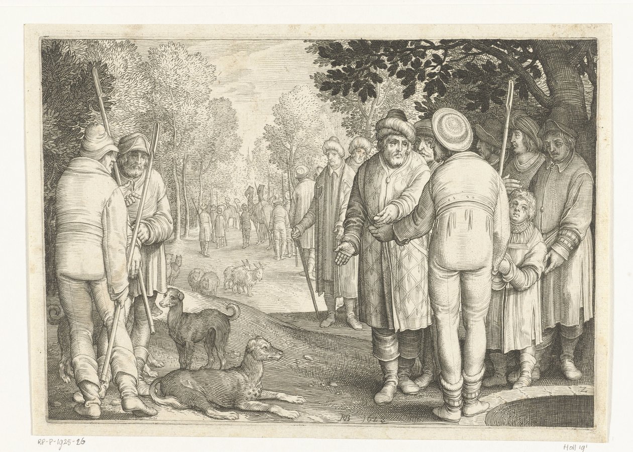Józef zostaje sprzedany przez braci kupcom przy studni Historia Józefa (tytuł serii) autorstwa Nicolaes de Bruyn