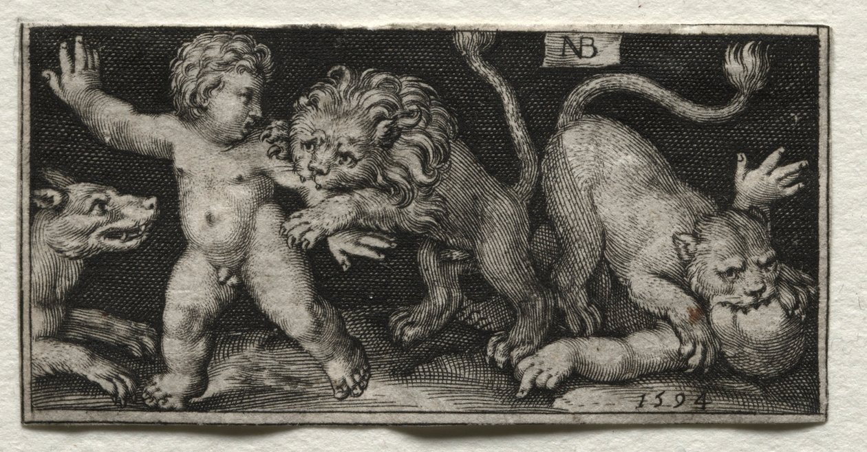 Lwy atakują dzieci, 1594. autorstwa Nicolaes de Bruyn