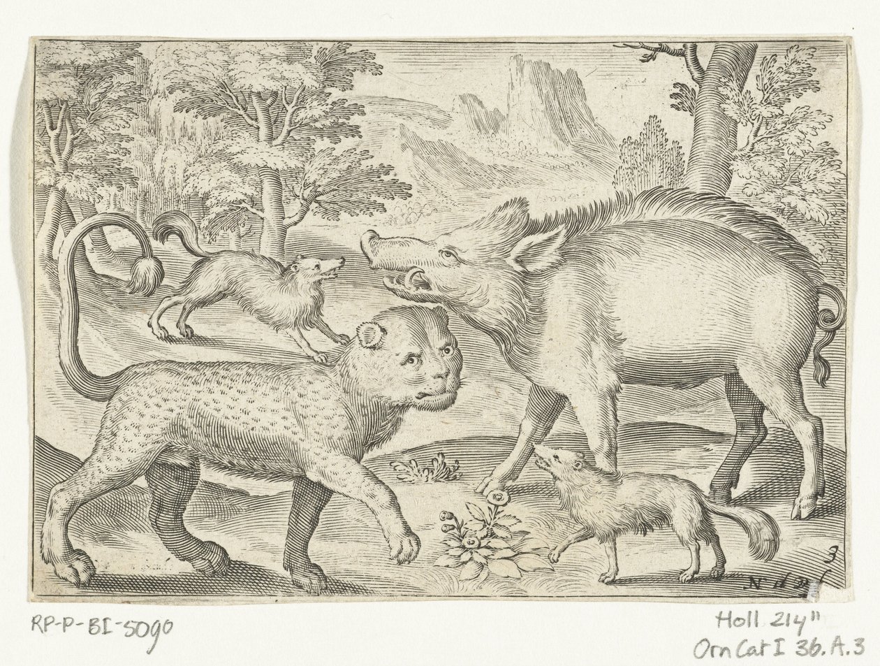 Lampart, dzik i psy Animalivm qvadrvpedvm (tytuł serii) Zwierzęta w krajobrazach (tytuł serii) autorstwa Nicolaes de Bruyn