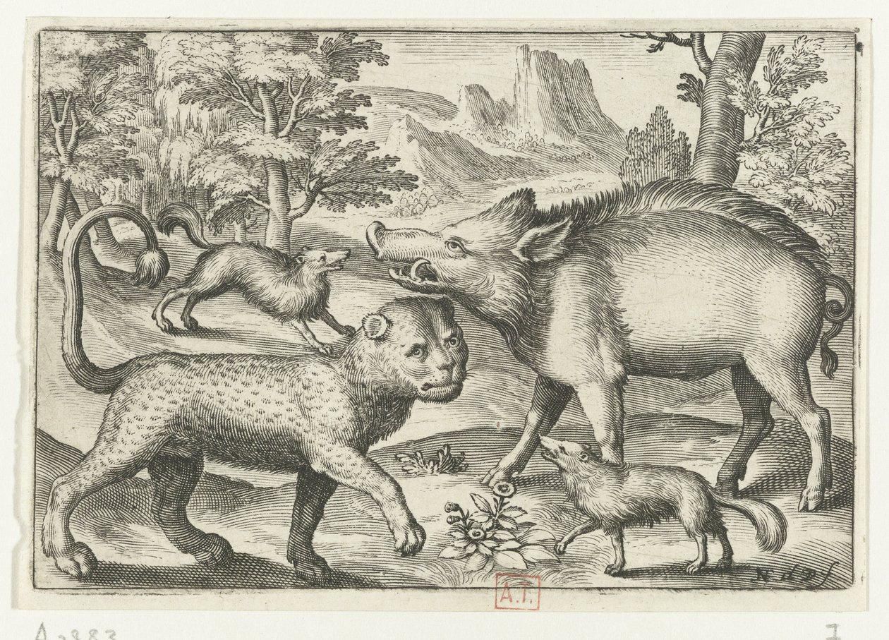 Lampart, dzik i dwa psy Animalivm qvadrvpedvm (tytuł serii) Zwierzęta w krajobrazach (tytuł serii) autorstwa Nicolaes de Bruyn