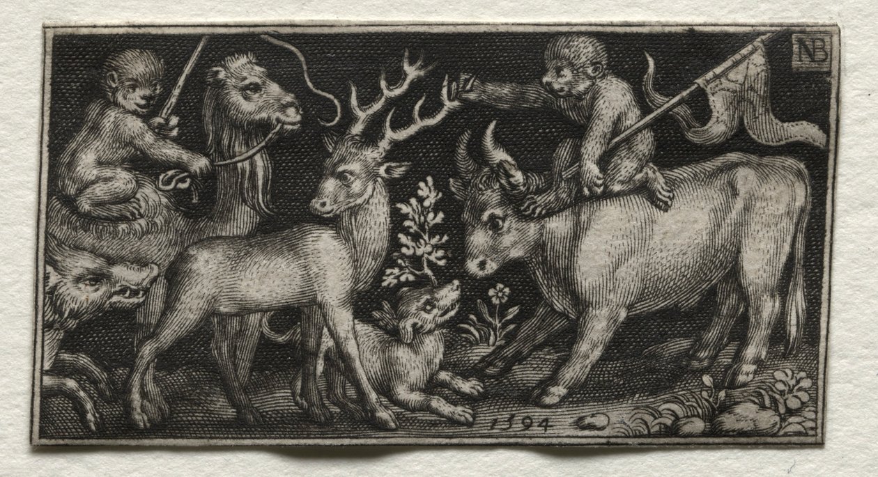 Małpy na wielbłądzie i byku, 1594. autorstwa Nicolaes de Bruyn