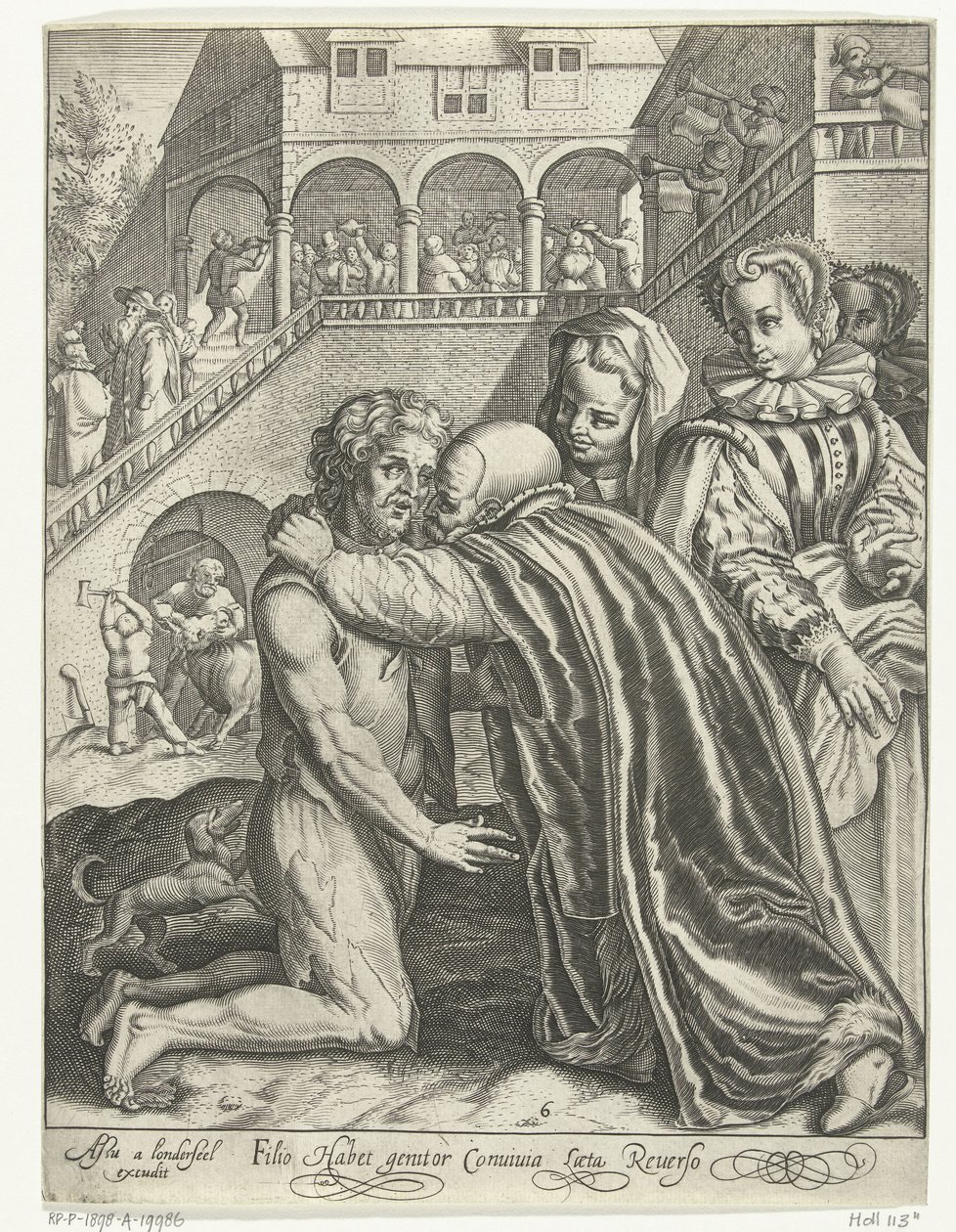 Powrót syna marnotrawnego Filio habet conuiuia laeta Reuerso (tytuł na obiekcie) Opowieść o synu marnotrawnym (tytuł serii) autorstwa Nicolaes de Bruyn