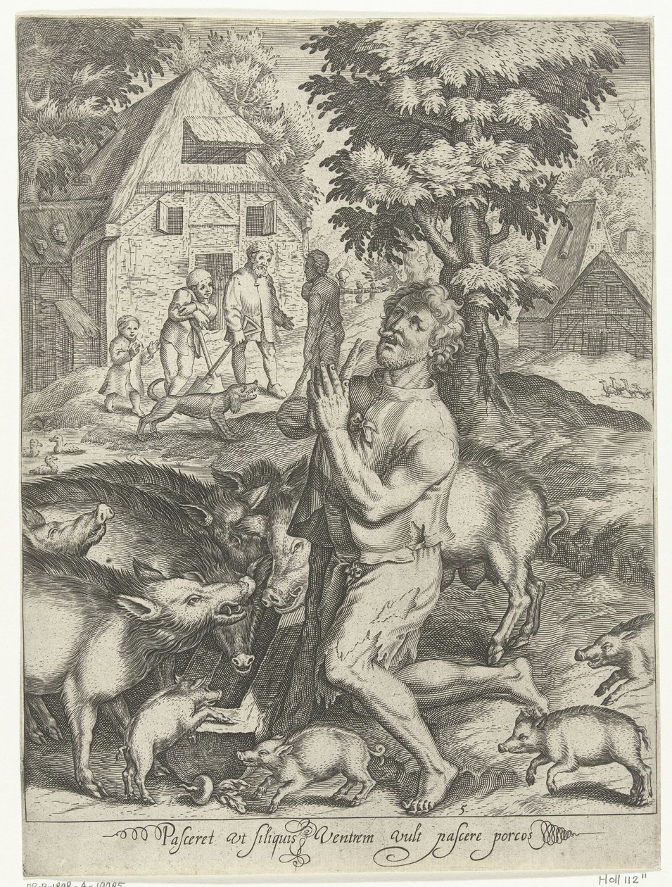 Syn marnotrawny jako świniopas Pasceret vt siliquis venttrem wypełnia pascere porcos (tytuł na obiekcie) Opowieść o synu marnotrawnym (tytuł serii) autorstwa Nicolaes de Bruyn